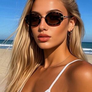 Retro Oval Leopard Print Bohemian Style Small Frame Metal Fashion Sunglasses